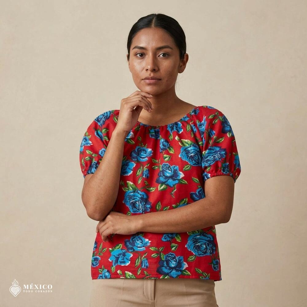 Traditional Mexican Floral Blouse – Lightweight Polyester Folk Style Top